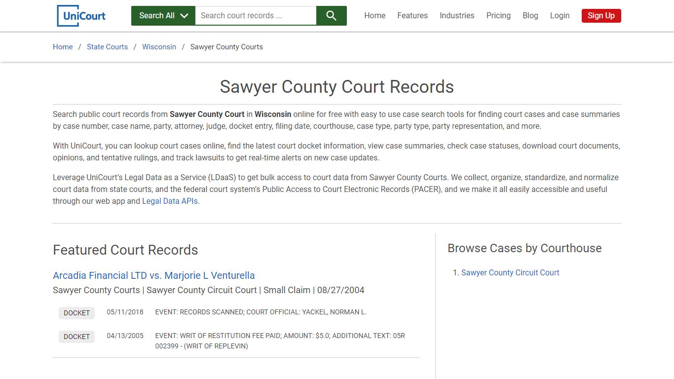 Sawyer County Court Records | Wisconsin | UniCourt