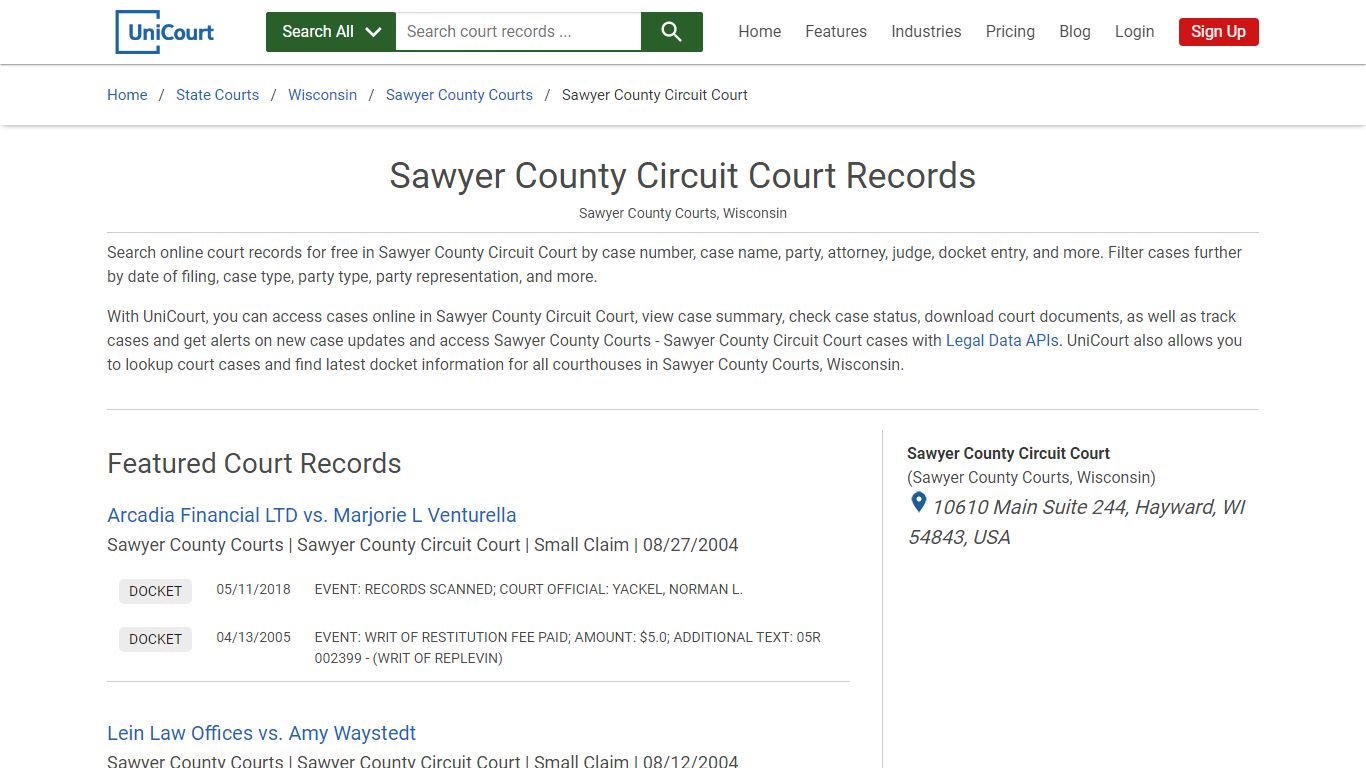 Sawyer County Circuit Court Records | Sawyer | UniCourt